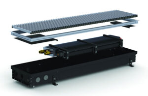 Водяний внутрішньопідлоговий конвектор з вентилятором Carrera SV, 250×1000×90 мм, чорний корпус