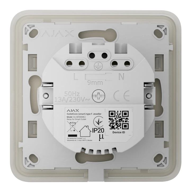 Розумна вбудована розетка з функцією моніторингу споживання електроенергії Ajax Outlet [type F] Jeweller Ivory