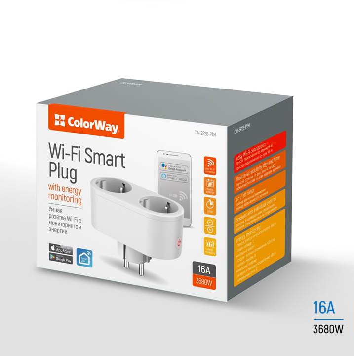 Розумна Wi-Fi розетка ColorWay (16A / 3680Вт) подвійна