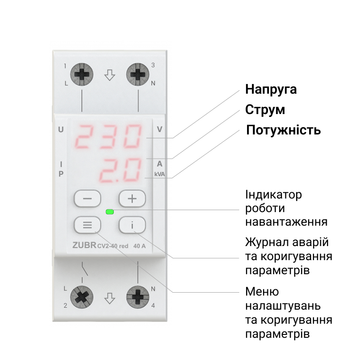 Реле напруги з контролем струму ZUBR CV2-32 red